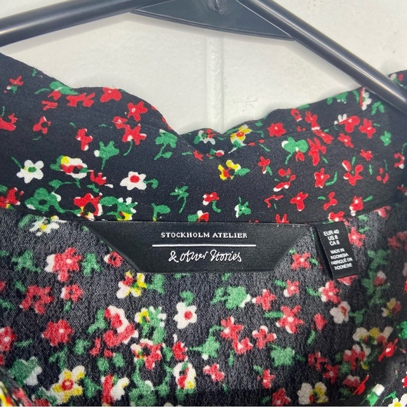 & Other Stories Black Red Floral Button Down Blouse Career Workwear Fall Size 8 - Picture 5 of 6
